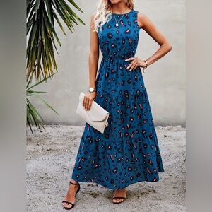 Shein Elegant Blue Leopard Print Maxi Dress NWOT Size M